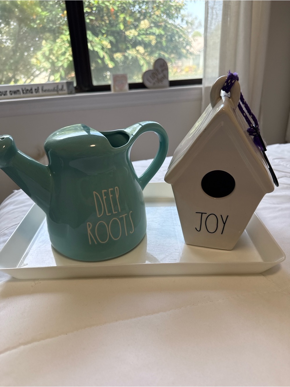 Rae Dunn deep roots watering can & joy, birdhouse farmhouse decor set.